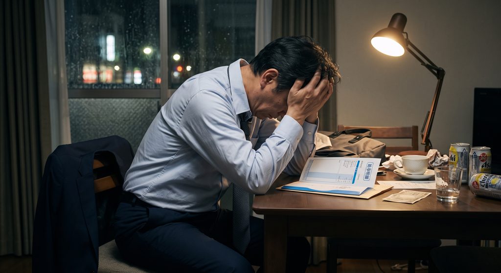 給料明細を見て落ち込む50代会社員のイメージ