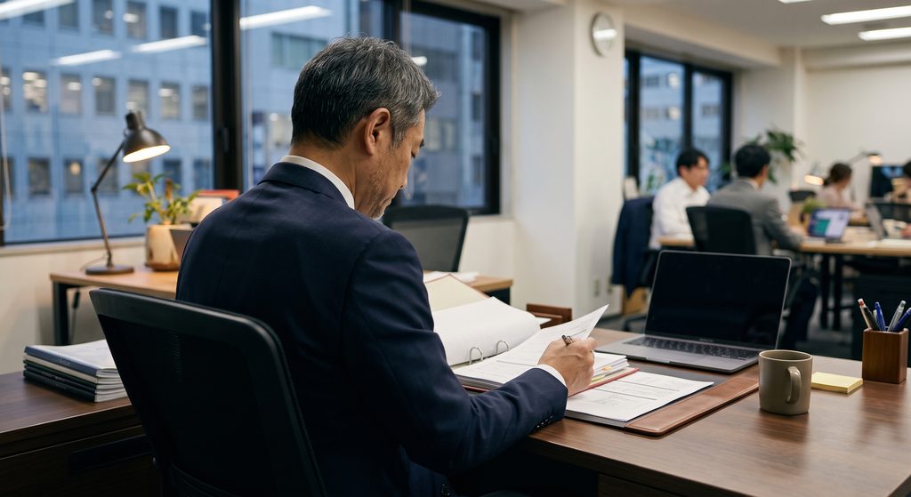 デスクで書類に向かう50代管理職の後ろ姿